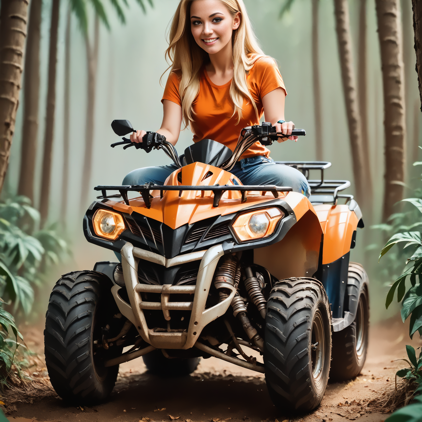 score_9, score_8_up, score_7_up, riqua (front view) , (slim 25yo female) riding a quad. orange shirt and jeans shorts, sneakers , long blonde hair  <lora:RideQuadPony:1>