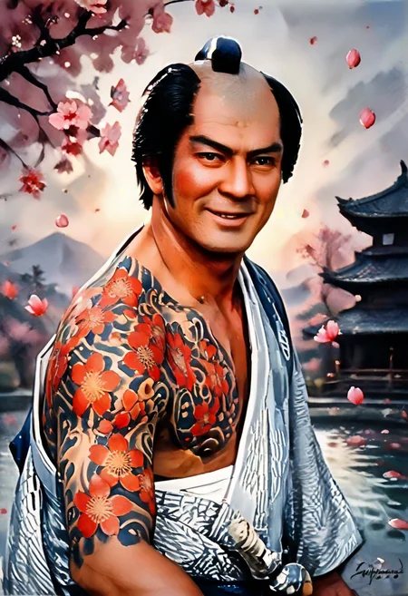 score_9,score_8_up,score_7_up,
Male illustration,35 years old,mature man,Japanese samurai,dramatic lighting,high contrast,decorative,atmospheric,haunting beauty,texture,(dynamic angle),movie star,popular actor,vibrant colors,refreshing,
Front view,splash art,highly detailed illustration,trending on Artstation,paint splashes,perfect composition,watercolor,sharp focus,intricate details,highly detailed,generous,handsome,a bit gangster-ish,cherry blossom petals in margins,
BREAK
Looking at the viewer,little smile,Kinsan,<lora:BDpony_Kinsan_V1-8316:1>,Kinsan,tattoo,white background,
<lora:Midjourney_5:0.6>,<lora:WaterColorV3:0.8>,watercolor,