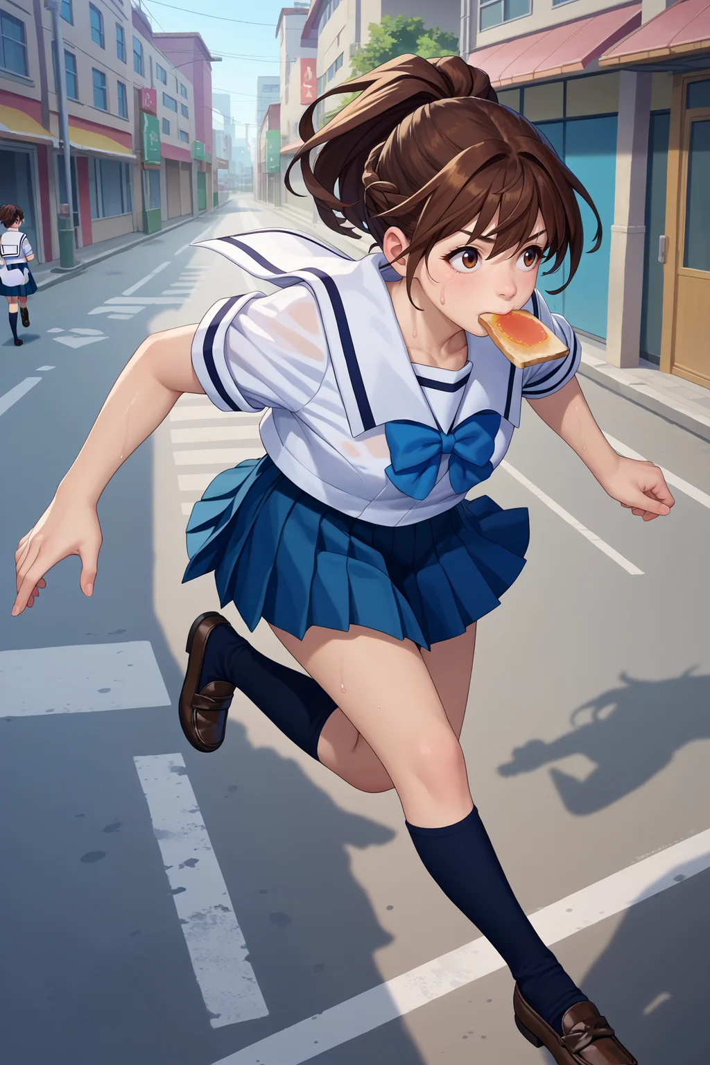 score_9, score_8_up, score_7_up, score_6_up, source_anime, 1girl, solo, <lora:rnakiho-pdxl-nvwls-v1-000005:1> rnAkiho, brown hair, ponytail, brown eyes, white shirt, short sleeves, white sailor collar, blue bow, pleated skirt, toast in mouth, running, sweat, running, city, street, black socks, loafers, jumping, from above