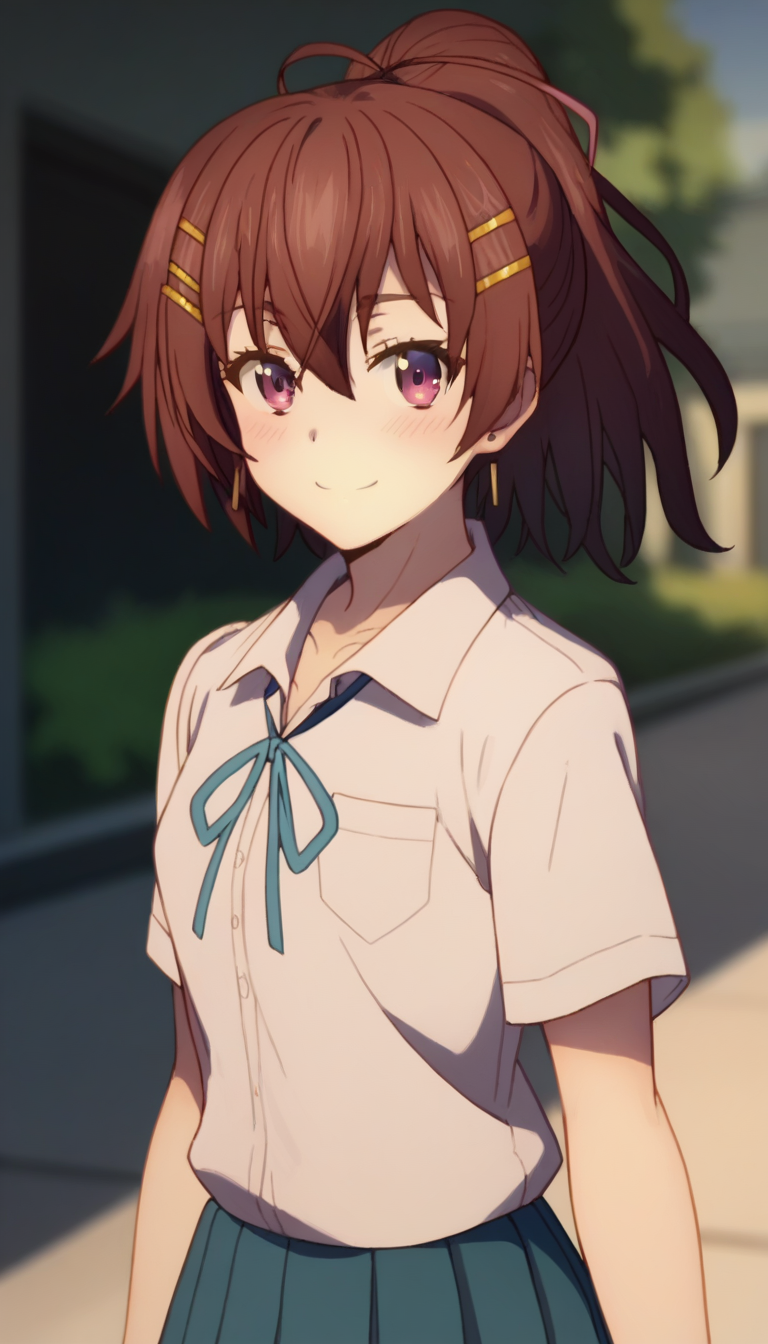 score_9,score_8_up,score_7_up,score_6_up BREAK official art,solo,outdoors,upper body,(portrait:1.5),looking at viewer,facing viewer,smile,blush,Momozono Momoka,long hair,brown hair,ponytail,hair ornament,hairclip,hair between eyes,bangs,purple eyes,school uniform,white shirt,collared shirt,blue ribbon,short sleeves,small breasts,skindentation,miniskirt,blue skirt,pleated skirt,bare legs,sneakers,blue footwear,<lora:Momozono Momoka(dhh)-Pony:1.8>,