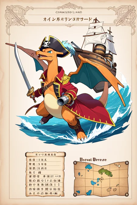 masterpiece, best quality,   <lora:CharizardPokedexIXL:1.0>,   no humans, solo, dynamic pose,  Charizard with pirate hat, long coat, boot, treasure map, wooden ship, sea breeze, tropical island, sword, barrel, cannon, swashbuckling action