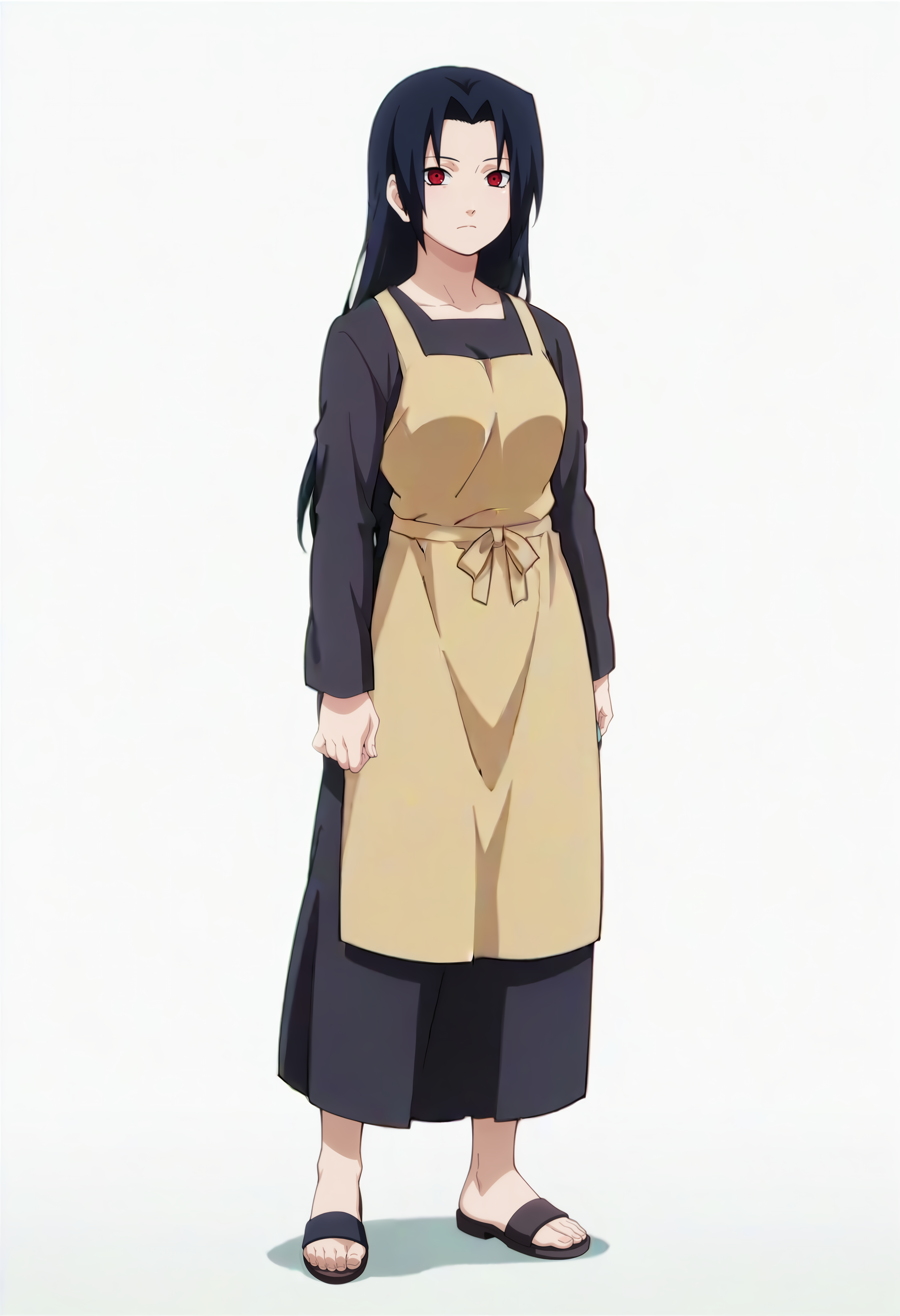 looking at viewer,white background, standing,full body, solo, 
, <lora:uchiha_mikoto_IL v1.11:0.9> umikoto, parted bangs, bangs, long hair, black hair, medium breasts,
shirt, skirt, black shirt, black skirt, long sleeves, long skirt, apron,sandals, 
sharingan,red eyes, 
anime screencap, masterpiece, best quality,