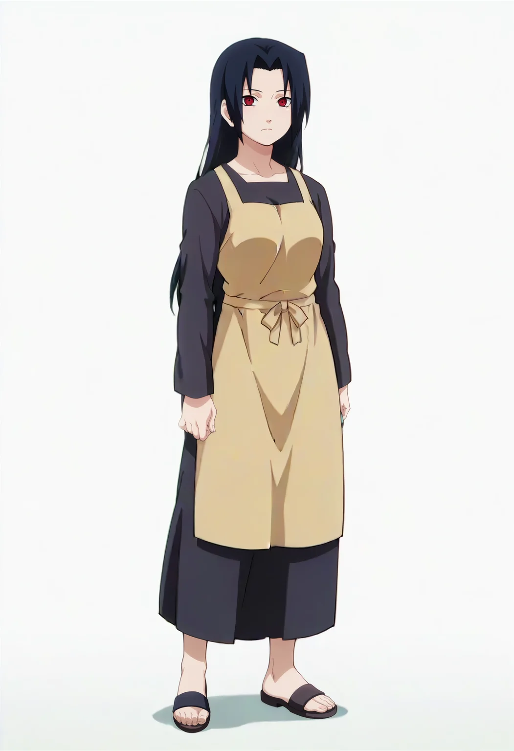 looking at viewer,white background, standing,full body, solo,
, <lora:uchiha_mikoto_IL v1.11:0.9> umikoto, parted bangs, bangs, long hair, black hair, medium breasts,
shirt, skirt, black shirt, black skirt, long sleeves, long skirt, apron,sandals,
sharingan,red eyes,
anime screencap, masterpiece, best quality,