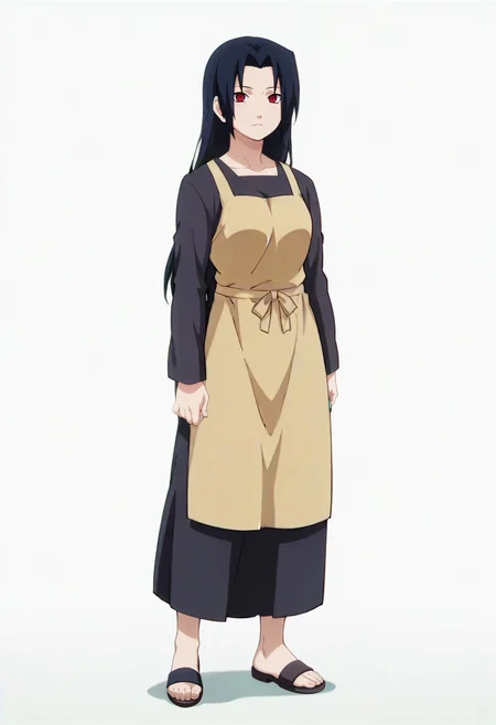 looking at viewer,white background, standing,full body, solo,
, <lora:uchiha_mikoto_IL v1.11:0.9> umikoto, parted bangs, bangs, long hair, black hair, medium breasts,
shirt, skirt, black shirt, black skirt, long sleeves, long skirt, apron,sandals,
sharingan,red eyes,
anime screencap, masterpiece, best quality,