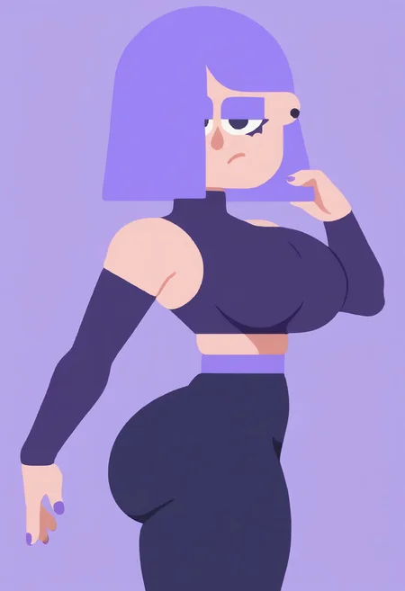 score_9,score_8_up,score_7_up,score_6_up,source anime BREAK, anime screencap, light purple hair, hair over one eye, purple eyelashes, purple nails, half closed eyes, goth makeup, black leather tube top, miniskirt, leggings, massive muscles, muscular,
1girl,girl, slim body, (tiny waist:1.3), (big breasts:1.2), thin body, petite, (thick thighs:1.15), lily duolingo, side view, looking at viewer, simple background, dimly lit, standing, (booty, thick ass, bubble butt:1.3)