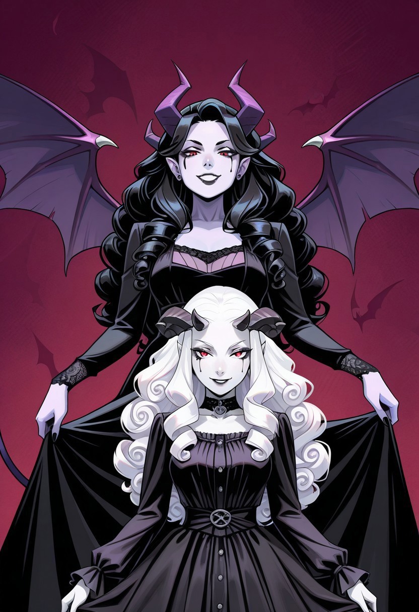 safe_pos, masterpiece, best quality, newest, absurdres, highres,  anime, anime style, Dynamic-Duo-Pose-IL.V1.0, Duo, Duo focus, dynamic duo, dynamic pose, pose, 
1girl, purple skin, purple colored skin, black hair, long hair, curly hair, horns, demon horns, demon girl, dress, long hair, mature woman, seductive, seductive smile, 
BREAK 1girl, white skin, white colored skin, pale skin, albino, albino skin, horns, demon horns, demon girl, succubus, wings, bat wings, demon wings, goth, goth girl, goth makeup, runny makeup, smile, grin, closed mouth,
