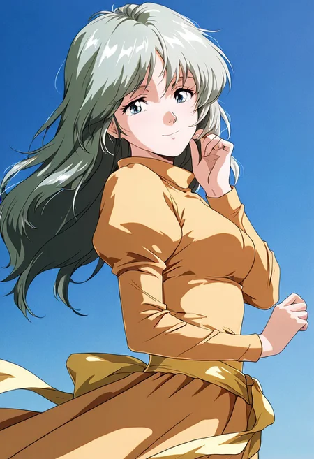 masterpiece, best quality, amazing quality, anime coloring, retro artstyle, 1girl, solo, tb_aiba_miyuki, long hair, grey hair, green hair, smile, yellow dress, long sleeves, juliet sleeves, puffy sleeves, yellow waist sash, from side, portrait, looking at viewer, blue sky, day,