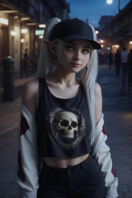 sfrieren, <lora:sfrieren_ponyxl:0.6>, white hair, green eyes, (glowing eyes), twintails, pointy ears, head tilt, light smile,
black tank top, (black shorts), baseball cap, skull print, midriff, off shoulder,
outdoors, street, town, mexico, night, dark, <lora:lowlight:0.4>,
score_9, score_8_up, score_7_up, masterpiece, best quality, highly detailed, detailed skin, film grain, photo \(medium\), depth of field, (realistic), (high quality, detailed, beautiful), shiny, outstanding, countershading, detailed soft lighting, detailed beautiful eyes