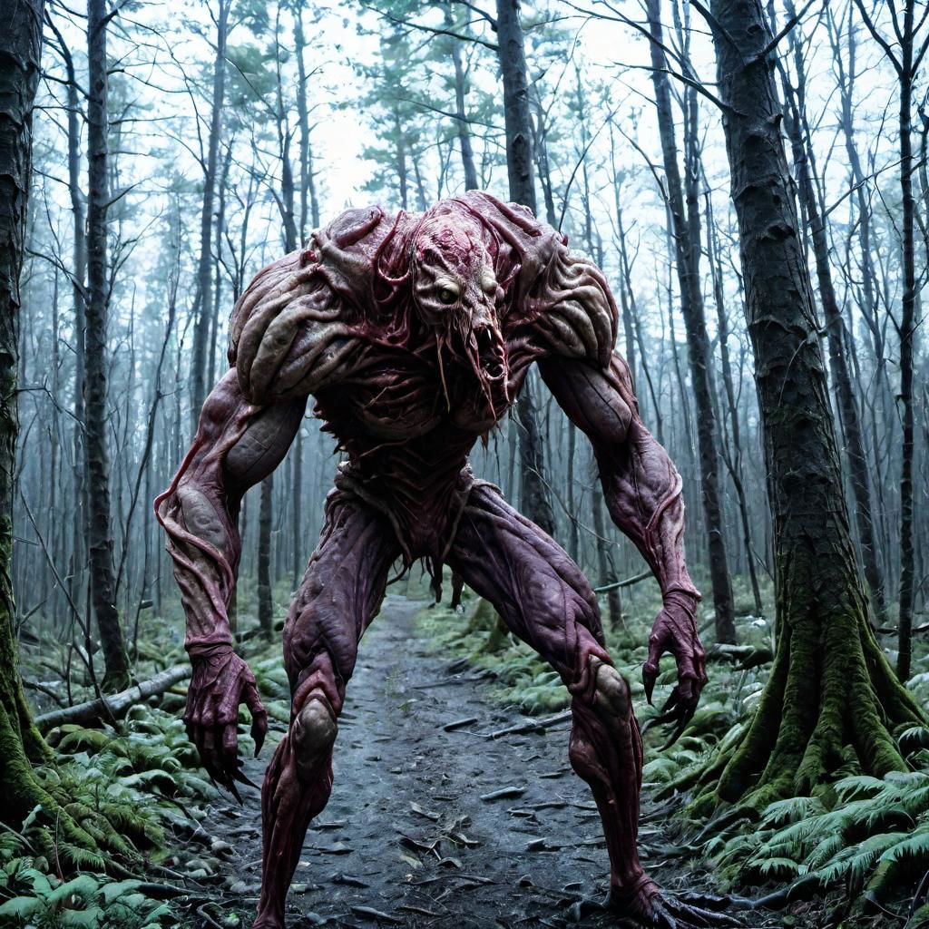 a fleshmutant creature in the woods,raw photo,cinematic shot,trail cam footage,horror