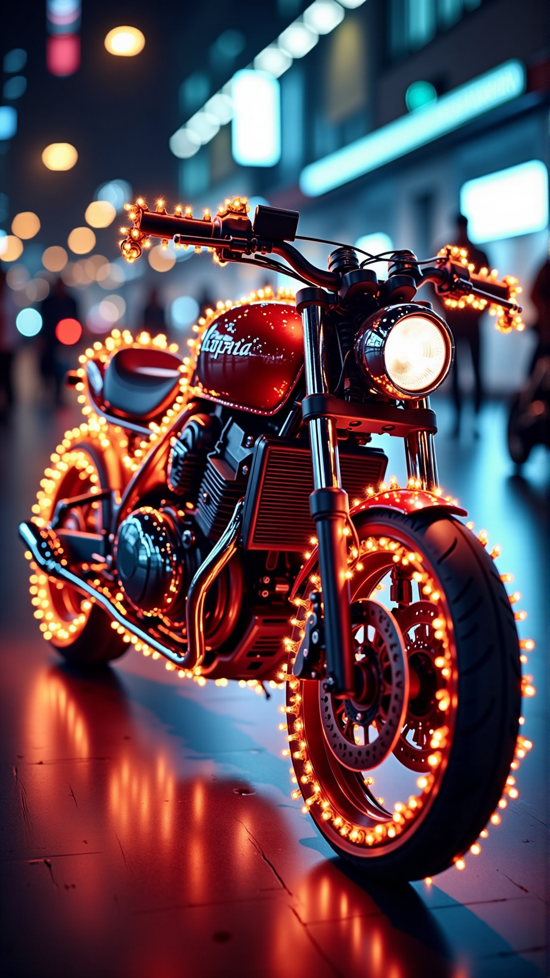 An image of a ChristmasLightsStyle motorbike. 
<lora:ChristmasLightsStyleFlux:0.8>