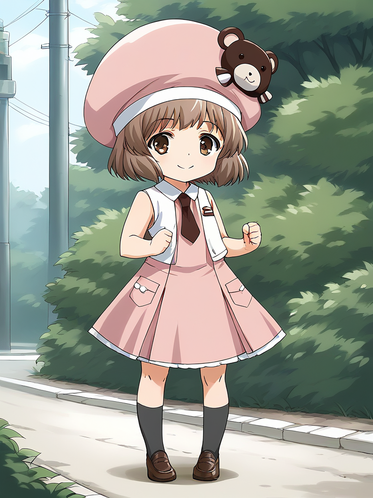score_9, score_8_up, score_7_up, source_anime, rating_explicit, BREAK  <lora:Amatsuka_Sakura_Ver2.0_XL:1> AmatsukaSakura, brown hair, short hair, brown eyes, bangs, hat, chibi, smile,
1girl, solo, dress, outdoors, sleeveless, socks, shoes, brown footwear, sleeveless dress, necktie, pink dress, kneehighs, black socks, pink headwear, loafers, day, looking at viewer, pleated dress, medium dress, clenched hands, full body, standing, bush, road