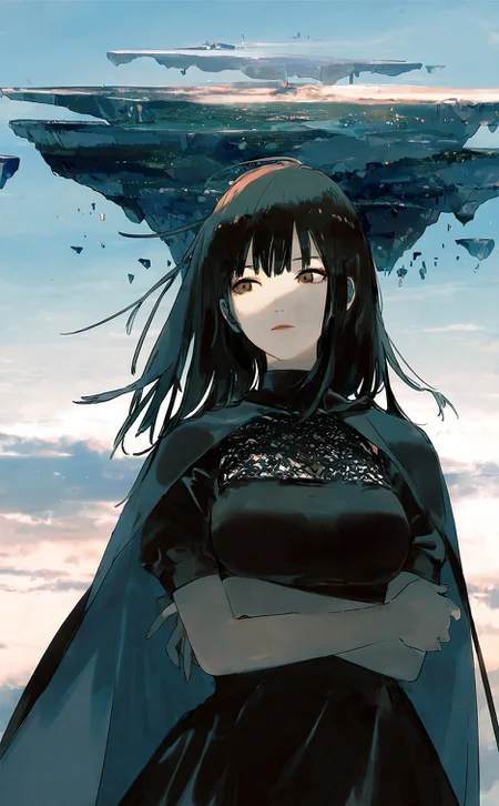 (by kukka:1.2), 
1girl, solo, portrait, arms under breasts, large breasts, cape, black dress, floating, sideways glance, sky, floating island,
outdoors, scenery, detailed,
very awa, best quality, highres, masterpiece, very aesthetic,
<lora:nhl-004:0.6>  nhl-004,