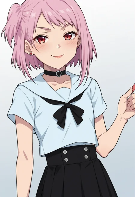 score_9, score_8_up, score_7_up, source_anime,anime screencap, anime coloring,intricate details,rating_explicit, masterpiece, best quality,
(best quality, absurd res, ultra detailed),1girl, ((solo)), good eyes,perfect eyes,,detailed eyes, zPDXLxxx , zPDXL3,detailed, detailed face, <lora:add-detail-xl:3>,(4 finger)
BREAK
<lora:Mistrim:0.8>, Mistrim, red eyes, pink hair, short hair, choker, earrings, one side up,
sailor shirt, black skirt,,flat chest,
BREAK
solo, standing, 
smug,