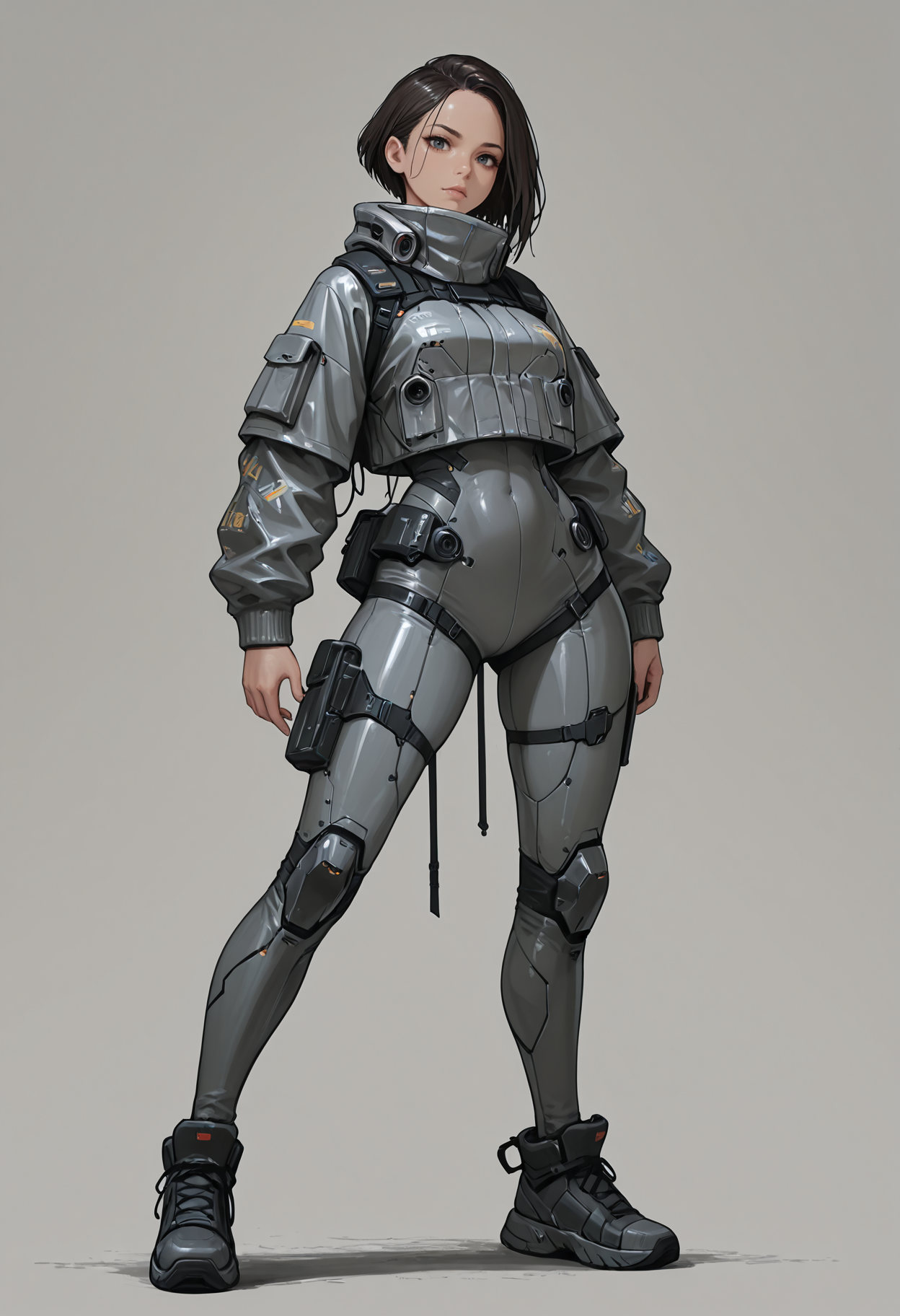 1woman, solo, beautiful woman,
standing, stoic stance, looking at viewer, (legs apart:0.8)
simple background, grey backgorund,
sci-fi, techwear outfit, synthwear, cyberpunk clothing, urban style, futuristic fashion, fully clothes, (masterpiece), (best quality), (ultra-detailed), amazing quality, very aesthetic, illustration, perfect composition, intricate details, absurdres, incredibly absurdres,