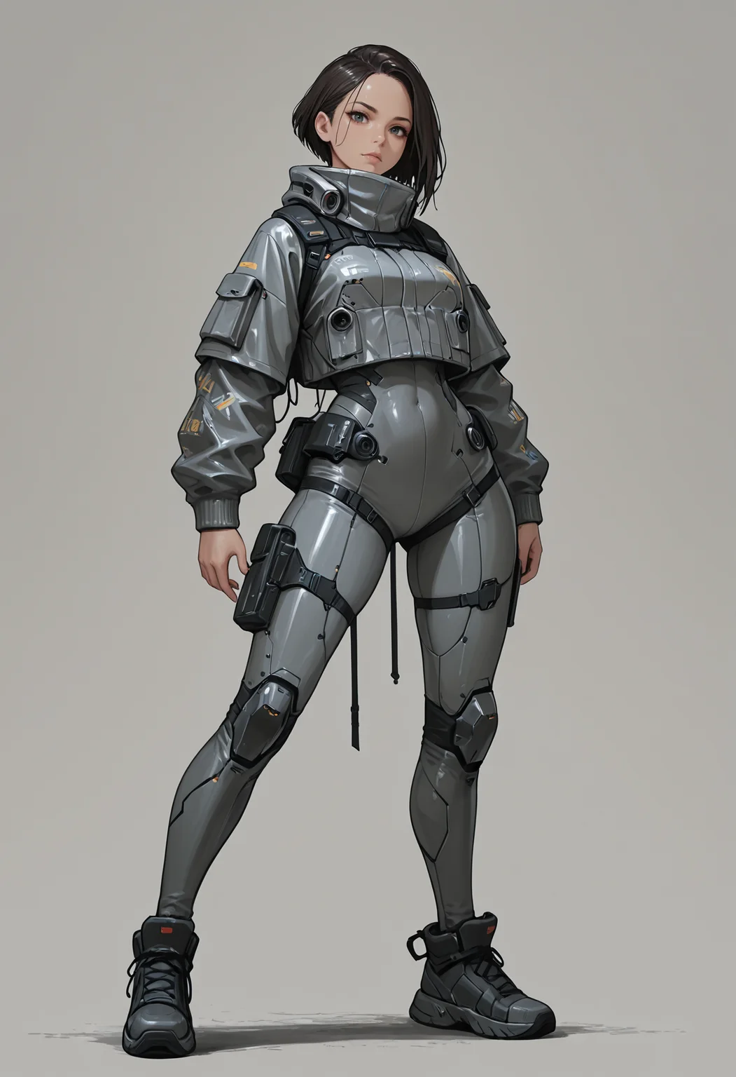 1woman, solo, beautiful woman,
standing, stoic stance, looking at viewer, (legs apart:0.8)
simple background, grey backgorund,
sci-fi, techwear outfit, synthwear, cyberpunk clothing, urban style, futuristic fashion, fully clothes, (masterpiece), (best quality), (ultra-detailed), amazing quality, very aesthetic, illustration, perfect composition, intricate details, absurdres, incredibly absurdres,