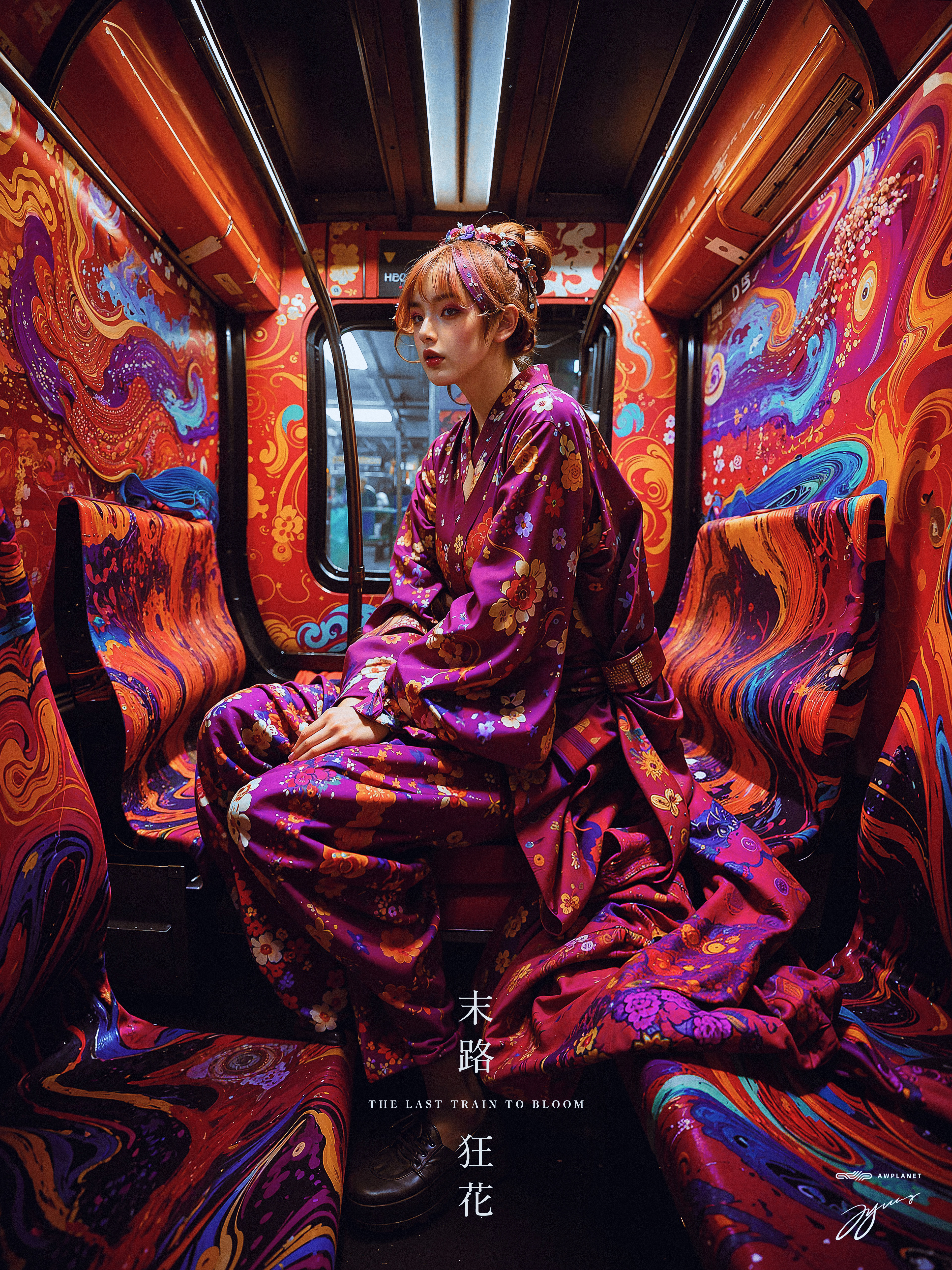 Best quality, masterpiece, ultra high res, (photorealistic:1.4), raw photo, a person is sitting on a train, her legs sticking out, in the style of futuristic psychedelia, elaborate kimono, candid shots of famous figures, swirling vortexes, dark magenta and orange, sculptural costumes, photorealistic scenes
