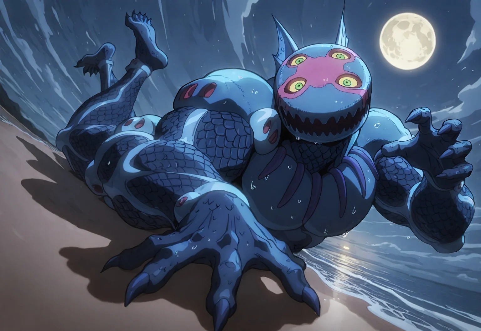 very awa, masterpiece, best quality, absurdres, newest, perfect quality, detailed background, intricate details, darkblujojo, flat head, four eyes, stand (jojo), fish boy, monster, muscular, fish scales, light blue skin, dark blue skin, webbed hands, webbed feet, claws, dorsal fin, no humans, solo, full body, green eyes, humanoid, jagged mouth, facial markings, yellow sclera, the pose, looking at viewer, wet, BREAK, (extreme perspective, dawn, full moon, beach:1.2)