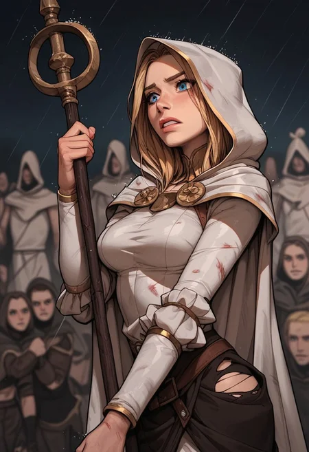 (score_9, score_8_up, score_7_up). (line work, excellent drawing, highest quality, extremely detailed:1.2). solo, 1girl, 24 year old woman, Battle Cleric, saint, vestal, hood, armor, religious, medium breasts, glossy lips, long lashes, blue eyes, blonde hair, innocent, cute face, pale skin, soft skin, scared, determined, injured, slut face, (holding a staff), holy magic, nympho, horseriding skirt, fantasy, dnd, g0thicPXL, romantic, source_cartoon, depth of field, medium distance, cowboy_shot, semirealistic, dynamic angle, side view, in profile, dark background, raining, torn clothes, muddy clothes, fighting pose, fighting stance, crowd in background, surrounded by enemies,