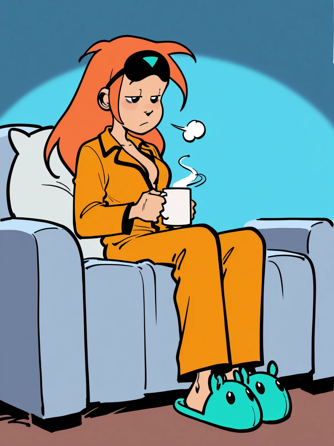 1girl, melusine, long hair, orange hair, <lora:Melusine_r2:1>, pajamas, medium breasts, open shirt, eyemask on forehead, animal slippers, bags under eyes, holding cup, coffee mug, half-closed eyes, slouching, full body