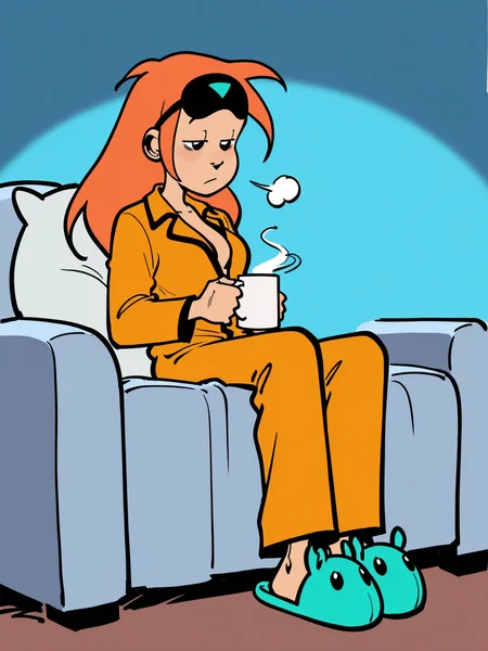 1girl, melusine, long hair, orange hair, <lora:Melusine_r2:1>, pajamas, medium breasts, open shirt, eyemask on forehead, animal slippers, bags under eyes, holding cup, coffee mug, half-closed eyes, slouching, full body
