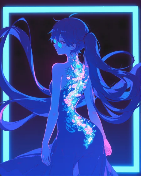 b74_aes,[blue lignting:red lighting:8], fluorescence,from behind and looking at viewer, gangster yakuza  girl with floating long hair and a backless dress and full back of (glowing  tattoo) of dragon on her back, wearing a sunglasses ,vibrant and colorful but dark background neon trim and neon lighting,<lora:aesthetical_epoch_3:1>   <lora:AnimeLight-v2-000091:.5>