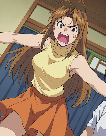 score_9, score_8_up, score_7_up, source_anime,
narunarusegawa, <lora:naru-narusegawa-ponyxl-lora-nochekaiser:1>,
naru narusegawa, long hair, brown hair, antenna hair, brown eyes, angry, anger vein, shouting open mouth,
skirt, sleeveless, miniskirt, turtleneck, sleeveless turtleneck,
indoors,
looking at viewer, dutch angle, cowboy shot,
