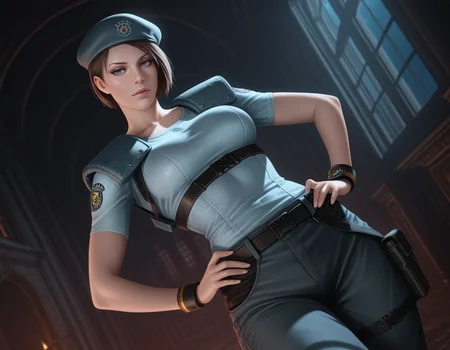 ,  jill valentine, 1girl, beret, blue eyes, breasts, sleeves, pants, clothed, seductive pose, hands on hips, dynamic angle, night, darkness, indoors, mansion
, masterpiece, best quality, realistic, <lora:IL_RE1Jill_t1-33-64:1>