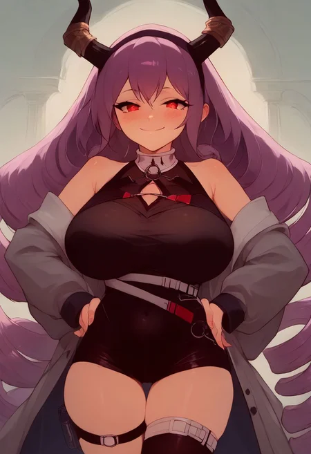 score_9, score_8_up, score_7_up, pinup girl pose, Expressiveh, aesthetic, dramatic angle, unique perspective, unique angle,
big breasts,
patTyphon, very long hair, purple hair, sidelocks, drill hair, twin drills, red eyes, black hairband, horns, open coat, grey coat, long sleeves, sleeveless shirt, black shirt, clothing cutout, bare shoulders, belt, buckle, covered navel, black leotard, black shorts, thigh strap, thigh belt, asymmetrical legwear, single thighhigh, black thighhighs, socks, grey footwear,
hands on hips, looking at viewer, cowboy shot, dutch angle, solo,
extremely smug, smile,
blush, horny,