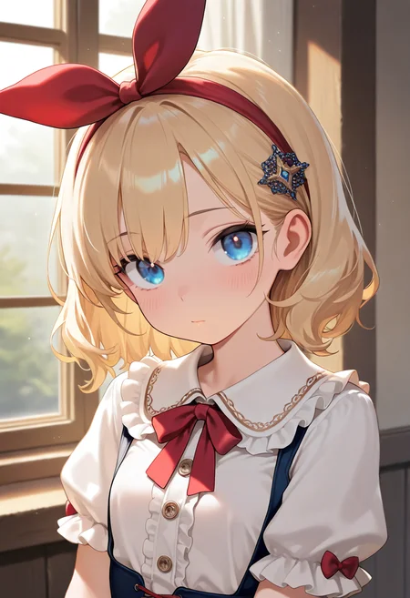 masterpiece,best quality,amazing quality, 1girl, blue eyes, solo, bow, upper body, blonde hair, looking at viewer, hair ornament, closed mouth, short sleeves, red bow, hairband, shirt, frills