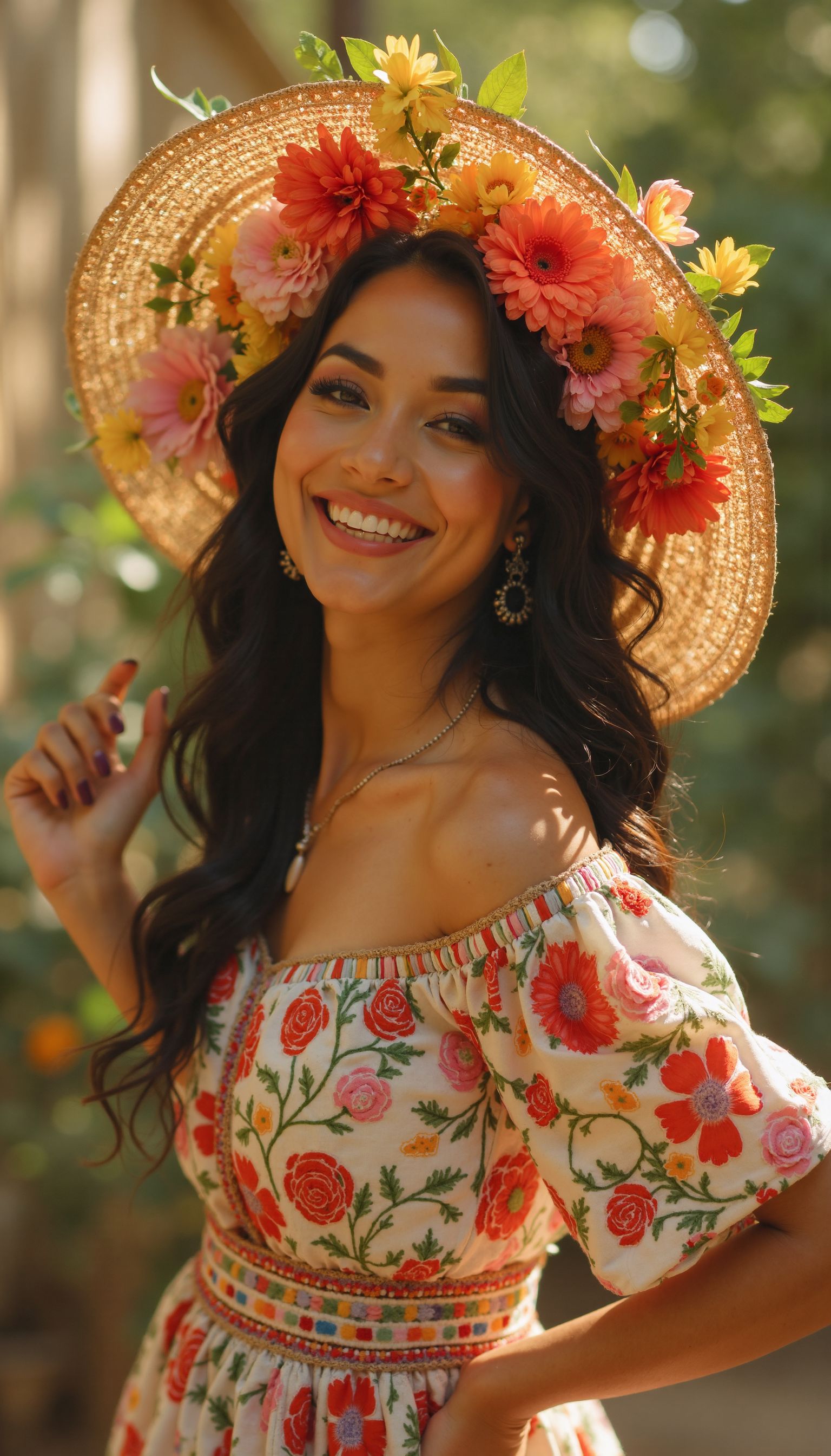 beautiful Latina woman, colorful floral dress, large sun hat with flowers, joyful expression, vibrant colors, detailed embroidery, lush background, warm sunlight, vintage style, sepia tones, film grain, soft focus, retro fashion, nostalgic, elegant, charming, playful, intricate details, classic photography, warm hues, timeless, aged look, soft lighting
 <lora:realism_lora:1> <lora:paradiffflux:1>