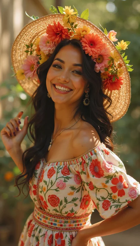 beautiful Latina woman, colorful floral dress, large sun hat with flowers, joyful expression, vibrant colors, detailed embroidery, lush background, warm sunlight, vintage style, sepia tones, film grain, soft focus, retro fashion, nostalgic, elegant, charming, playful, intricate details, classic photography, warm hues, timeless, aged look, soft lighting
<lora:realism_lora:1> <lora:paradiffflux:1>