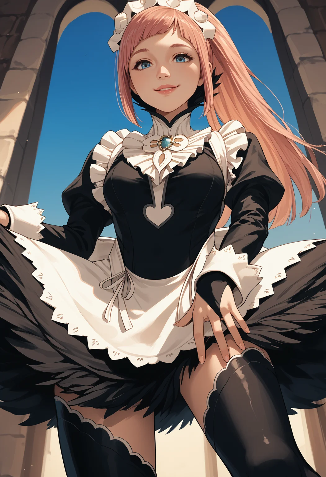 score_9, score_8_up, score_7_up, source_anime BREAK 1girl, solo, <lora:felicia-fe-richy-v2_pdxl:1> flcdf, blue eyes, pink hair, long hair, ponytail, maid headdress, black feathered collar, blue brooch, breasts, maid, juliet sleeves, maid apron, bridal gauntlets, black thighhighs, lips, standing, smile, high heel boots, black footwear, from below, pov