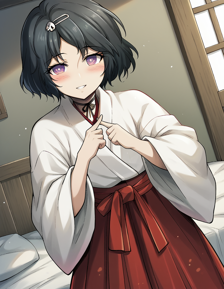 score_9, score_8_up, score_7_up, source_anime, <lora:luka-urushibara-ingame-ponyxl-lora-nochekaiser:1>, luka urushibara, black hair, choker, hair ornament, hairpin, male focus, otoko no ko, purple eyes, ribbon, ribbon choker, short hair, skull, skull hair ornament, trap,, japanese clothes, kimono, hakama, red hakama, white kimono, long sleeves,, bedroom, alarm clock, morning routine, yawning, stretching, on bed, smile, <lora:x-fingers-ponyxl-lora-nochekaiser:1>, x fingers, blush, parted lips,, looking at viewer, solo,, dutch angle, cowboy shot