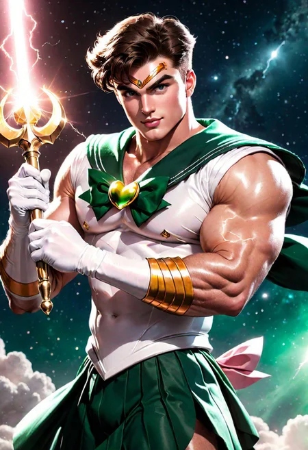 1male, male focus, riot style, digital art, concept art, semi realistic, fantasy, 4k, best quality, masterpiece, extremely detailed, very detailed face, very detailed eyes, dynamic angle, seen from the side, close up, dynamic pose, rising hand, a male bodybuilder, MAN, MALE, muscular male, gorgeous, young man, brunette, pointed eyebrows, round face, huge plumped lips, big lips, blush, big pectorals, shaved beard, man only, strong, happy, smirking, wearing a sailor jupiter dress, sailor senshi uniform, with a metal mace, fighting in space, surrounded by lightning, (cinematic light, volumetric), Cinematic Shot