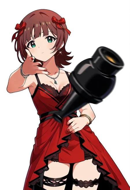 score_9, score_8_up, score_7_up, source_anime,
standing, throwing at viewer, (w03), bomb throw, cowboy shot, white background, 
ammhrk, short hair, medium hair, brown hair, bangs, (red hair ribbon:1.2), green eyes, medium breasts, 
idol costume, red dress, lace trim, luxury, thighs, lace thigh strap, earrings, necklace, bracelet, nail polish, detailed eyes, eye refraction,