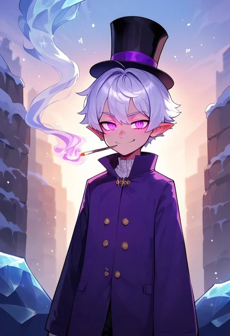 score_9, score_8_up, score_7_up, score_6_up, one anime style,1 boy, 20 year old, cute, Ice energy, Ice veins, masterpiece, best quality, short white hair, frost imp, purple tux with top hat, clear purple eyes, pupils, purple glowing eyes, outside, snow background, calm expression, enjoying the moment, amused smile, smoking