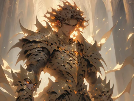 adult male fantasy god, human appearance, elegant but impish features, devilish smile, gold eyes, short messy brown hair, slender build, agile, holding two daggers made of light, intricate but minimal iridescent armor, 8K, fantasy heaven realm in background