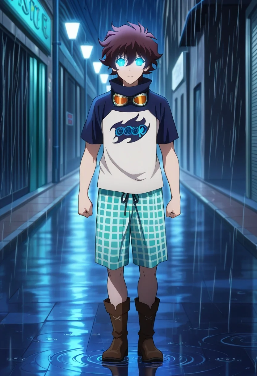masterpiece, best quality, intricate details, anime screencap, anime coloring, ,, 1boy, solo, male focus, <lora:leonardo_watch_ilxl:1>, leonardo_watch, brown hair, short hair, hair between eyes, bangs, blue eyes, glowing eyes, goggles around neck, rainy street, reflective puddles, glowing streetlights, bustling sidewalks, strolling pose, thoughtful expression, urban rain, Striped Tweed Turquoise Swim trunks, CoralReef Tie-dye Gingham Baseball shirt, Derby boots, ,