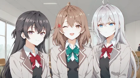 score_9, score_8_up, score_7_up, source_anime, 3girls, upper body, simple background, blurry background, front view, indoors, BREAK
<lora:yuki_anime-soralz:0.4>, yuki, black hair, long hair, half updo, hair between eyes, purple eyes, school uniform, grey jacket, open jacket, long sleeves, red bow, white shirt, collared shirt, black vest, looking at viewer, light smile,
ADDCOL
<lora:maria_anime-soralz:0.4>, maria, medium hair, brown hair, ahoge, hair between eyes, hair ornament, brown eyes, school uniform, grey jacket, open jacket, long sleeves, green bow, white shirt, collared shirt, black vest, looking at viewer, one eye closed, happy, open mouth,
ADDCOL
<lora:alya_anime_v2-soralz:0.4>, alya, long hair, silver hair, ahoge, crossed bangs, hair ribbon, sidelocks, blue eyes, school uniform, grey jacket, open jacket, long sleeves, red bow, white shirt, collared shirt, black vest, looking at another, (annoyed:0.9)