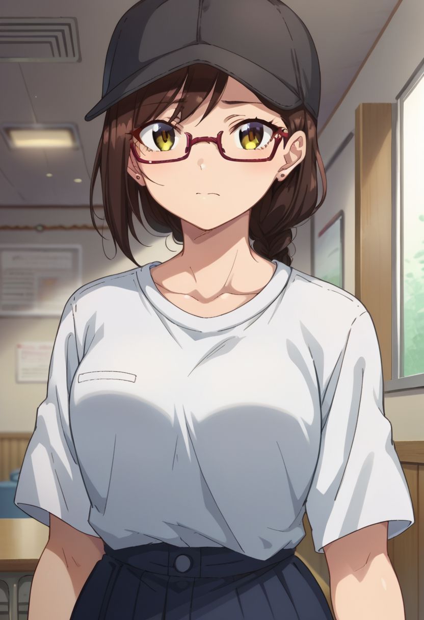 score_9, score_8_up, score_7_up, source_anime, 
takasakiminami, collarbone, indoors, upper body, closed mouth, short sleeves, baseball cap, skirt, stud earrings, braid, glasses
