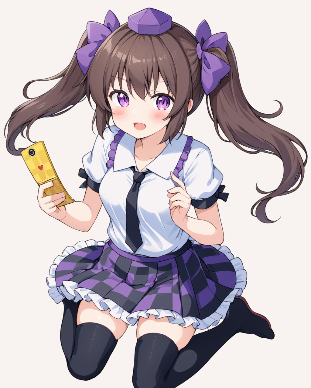himekaidou hatate,1girl, solo, checkered_skirt, tengu-geta, white_shirt, cellphone, purple_skirt, tokin_hat, puffy_short_sleeves, open_mouth, holding_phone, twintails, black_thighhighs, cleavage, traditional_media, fang, purple_headwear, looking_at_viewer, black_necktie, collared_shirt, frilled_skirt, blush, medium_breasts, hair_bow
<lora:himekaidou_hatate_image2639_2023-12-20-000010:1>,star-shaped_pupils,symbol-shaped_pupils,. gorgeous,key visual, vibrant, studio anime,award-winning, professional, highly detailed,high budget, cinemascope