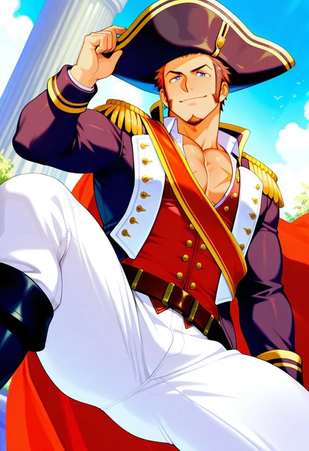 core_9, score_8_up, score_7_up, score_6_up, perfect anatomy, perfect proportions, best quality, masterpiece, high_resolution, high quality, highres, gay, homo, bara, male focus, male only, mature, masculine, manly, hunk, virile, handsome, charming, alluring, dutch angle, cowboy shot, napoleon bonaparte, blue eyes, brown hair, short hair, long sideburns, facial hair, goatee, scar on chest, FGONapoleon_outfit03, white collared shirt, partially unbuttoned shirt, red vest, partially unbuttoned vest, black jacket, long sleeves, epaulettes, white cravat, red sash, black bicorne hat, red cape, white pants, belt, black boots, upperbody, from below, one knee bend, feet out of frame, slight smile, looking at viewer, outdoors, low angle, from below