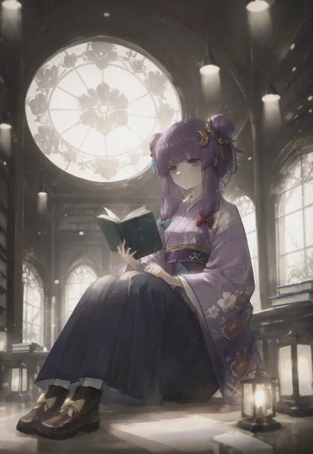 volumetric lighting, ambient occlusion, luminescent background, masterpiece, best quality, very awa, absurdres,library,indoors, a girl sitting and holding a book, beam of light, light through window
BREAK
 patchouli knowledge, 1girl, solo, purple eyes, purple hair, long hair, sidelocks,, patchouli knowledge \(great library at the hieda residence\), alternate costume, no headwear, hair bun, double bun, hair ornament, blue bow, yellow bow, red bow, aqua bow, crescent hair ornament, purple kimono, floral print, long sleeves, wide sleeves, yellow obiage, purple obi, hakama skirt, footwear bow, brown boots, holding book,
