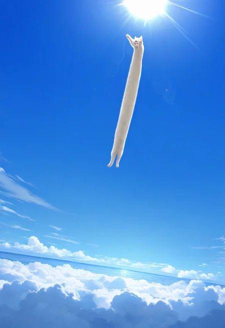 longcat (meme), no humans, cat, sun, above clouds, sky, cloud, day, animal focus, outdoors, lens flare, scenery, blue sky, ocean, horizon, sunlight, pointing, white cat, floating,
masterpiece, best quality, amazing quality, very aesthetic, absurdres,
<lora:concept_longcat_Illustrious_V2L:1>