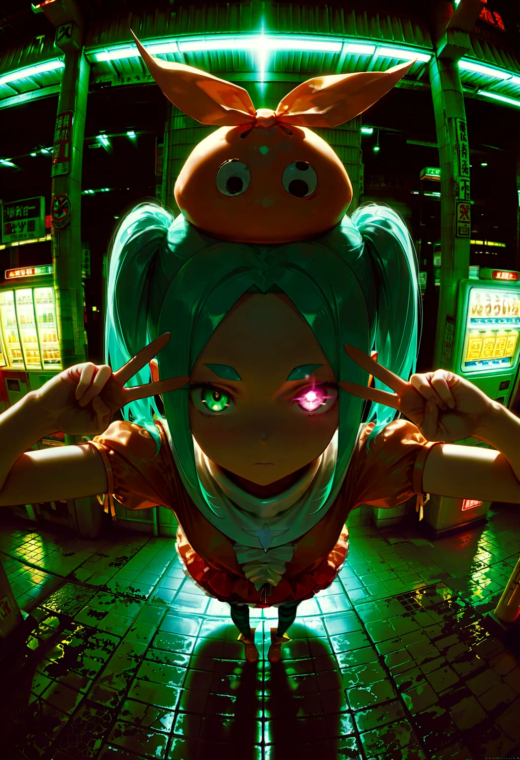 masterpiece, best quality, photo background, photography \(artwork\), photo \(medium\), detailed, detailed background, detailed foreground, detailed clothing, detailed hair, wrinkles, skin folds, intricate, volumetric lighting, dark theme, backlighting, sidelighting, chiaroscuro, high contrast, sinister, ononoki yotsugi, looking at viewer, glowing eye, double v, v over eye, expressionless, outdoors, gas station, solo, solo focus, fisheye,