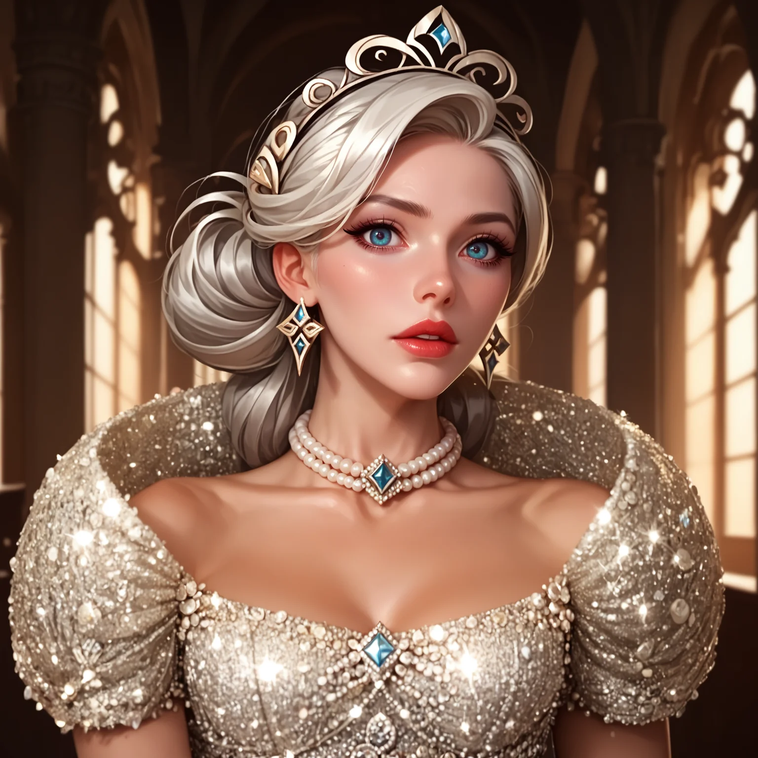 Gothic style score_9, score_8_up, score_7_up, score_6_up, adult beautiful woman, solo, indoors, standing,<lora:WMG3-69-PDXL:1>,Camille (League of Legends) Silver Hair in a Sleek Bob, The Steel Shadow, precision and augmentation., pose, haute couture dress, (looking at viewer), neckline, surprise expression, pearl choker, sparke, dr3ss, collarbone, . Dark, mysterious, haunting, dramatic, ornate, detailed