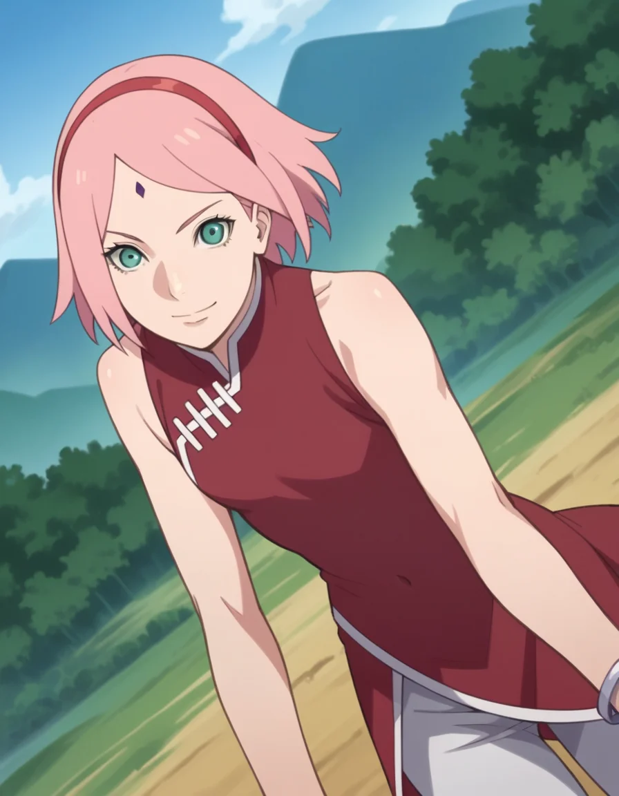 score_9, score_8_up, score_7_up, source_anime,
sakuraharuno, <lora:sakura-haruno-boruto-anime-ponyxl-lora-nochekaiser:1>,
sakura haruno, short hair, green eyes, pink hair, hairband, facial mark, forehead mark, red hairband,
navel, bare shoulders, jewelry, sleeveless, pants, bracelet, dress, red dress,
outdoors, landscape, bent over, smile,
solo, dutch angle, looking at viewer, cowboy shot,