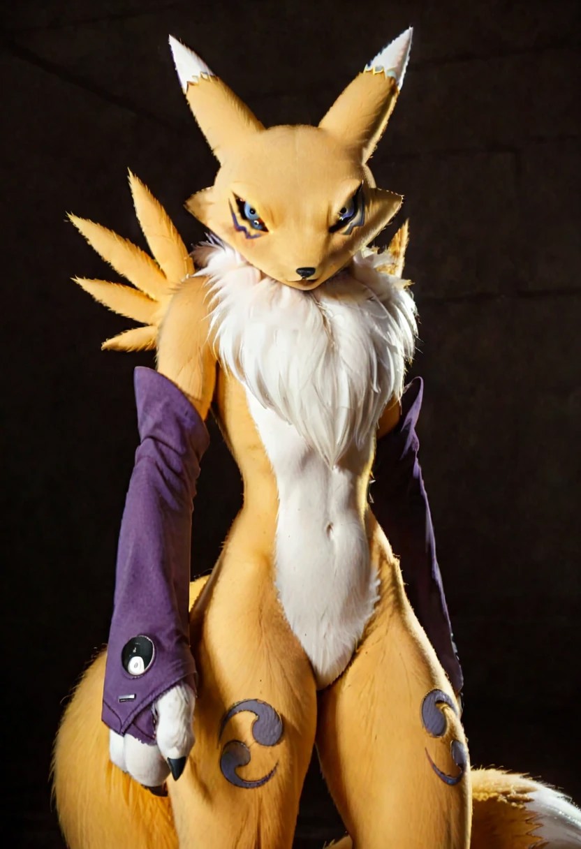 score_9, score_8_up, score_7_up, score_6_up, score_5_up, score_4_up, BREAK, solo, 1girl, renamon, anthro, furry, furry female, furry body, detailed fur, realistic fur, yellow fur, blue eyes, black sclera, flat chest, thin waist, slender waist, thick thighs, huge thighs, (tail:1.5), dipstick tail, mostly nude, purple bridal gauntlets, no nipples, featureless crotch, action pose, dynamic pose, photorealistic, hyperrealism, photography, real life