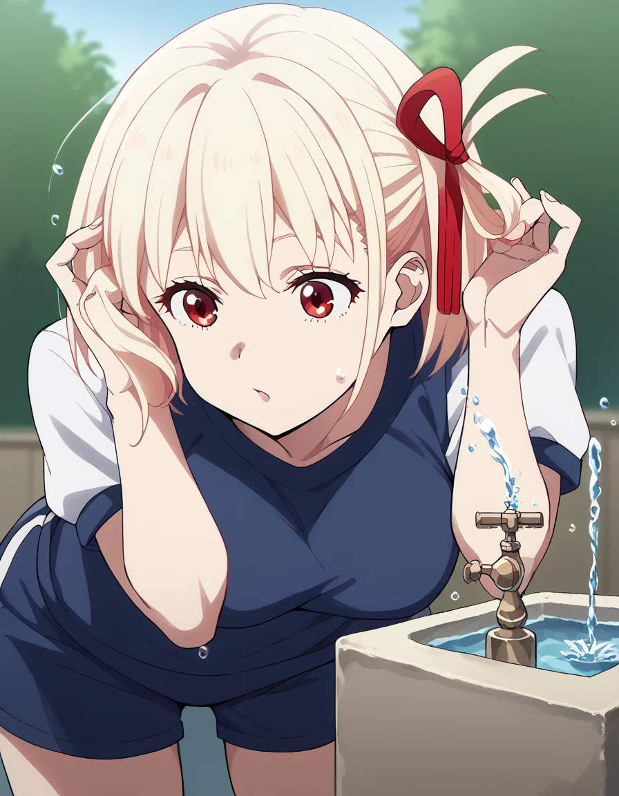 score_9, score_8_up, score_7_up, source_anime, chisatonishikigi, <lora:chisato-nishikigi-s1-ponyxl-lora-nochekaiser:1>, chisato nishikigi, short hair, bangs, blonde hair, red eyes, hair ribbon, one side up, bob cut, large breasts,, <lora:drinking-fountain-ponyxl-lora-nochekaiser:1>, drinking fountain, faucet, drinking, fountain, water, water drop,, gym uniform, gym shirt, gym shorts, bent, leaning forward, <lora:tucking-hair-ponyxl-lora-nochekaiser:1>, tucking hair, adjusting hair, hand on own hair, hair behind ear,, cowboy shot,