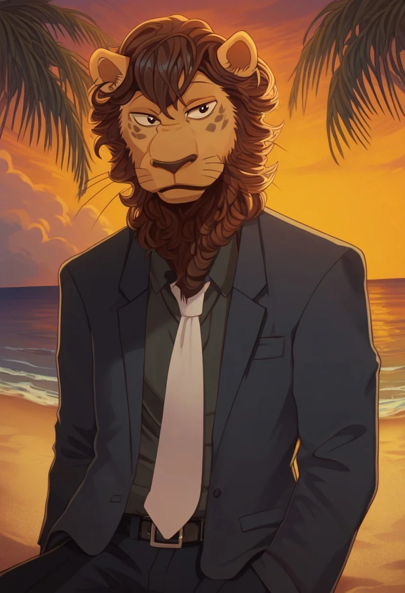 score_9, score_8, score_7_up, agata (beastars), anthro, 1boy, solo, lion, brown fur, male, looking at viewer, suit and tie, sunset, beach, palm trees